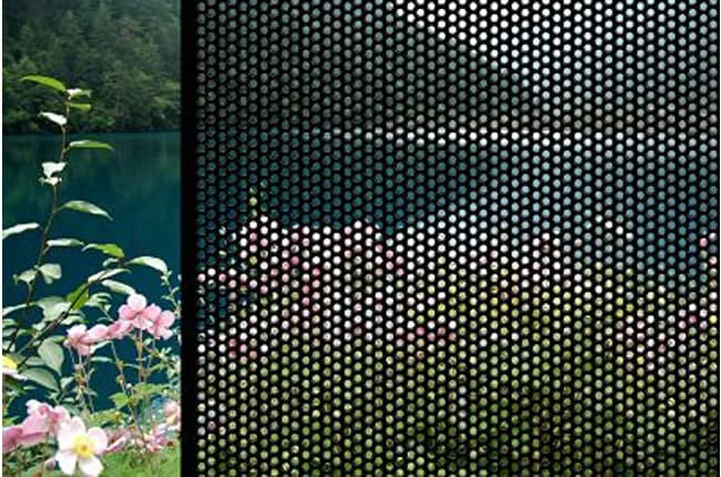Side by side comparison of a garden view seen directly and through black perforated aluminium screen mesh
